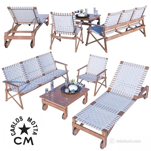 Garden Outdoor Furniture Set With Wooden Frames Woven Seats Loungers Sofa And Coffee Table 3d model 