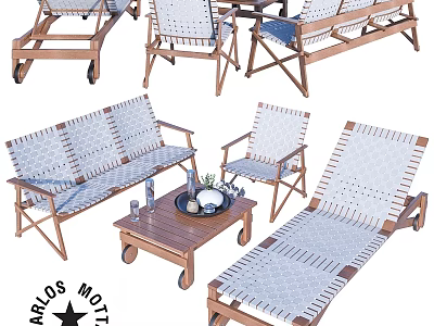 Garden Outdoor Furniture Set With Wooden Frames Woven Seats Loungers Sofa And Coffee Table 3d model