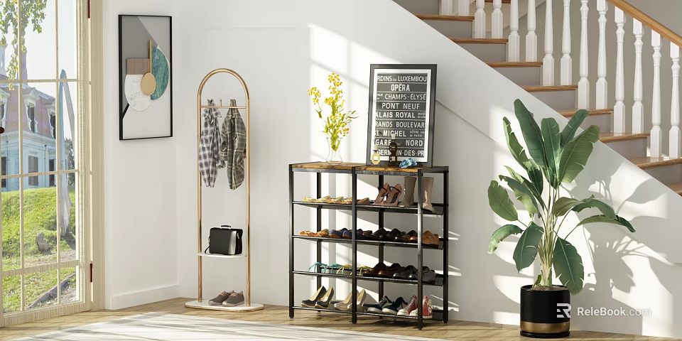 Modern Multi Tiered Shoe Cabinet With Shoes Storage And Decorative Elements By Staircase 3d model 