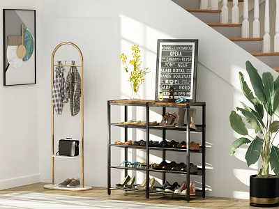 Modern Multi Tiered Shoe Cabinet With Shoes Storage And Decorative Elements By Staircase 3d model