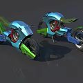 Two Futuristic Blue And Green Motorcycles With Unique Body Design And Wheels