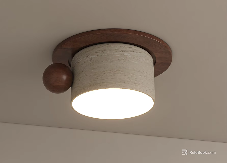 Ceiling Mounted Downlight Spotlight With Wooden Frame And Textured Beige Lampshade 3d model 