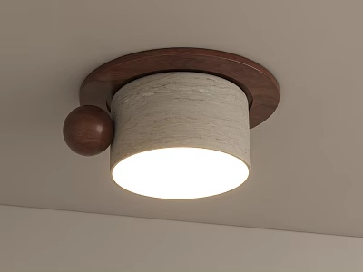 Ceiling Mounted Downlight Spotlight With Wooden Frame And Textured Beige Lampshade 3d model
