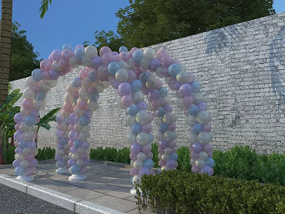 Beautiful Garden Landscape With Colorful Balloon Arch Brick Wall Shrubs And Stone Path 3d model