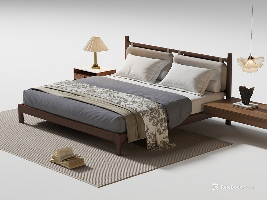 Modern Double Bed Bedroom Design With Nightstand Table Lamp Gray Bed Sheets Patterned Blanket And Rug 3d model 