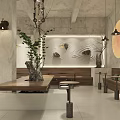 Modern Industrial Café Interior With Wooden Counter Green Plants And Pendant Lights