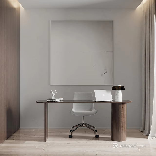 Minimalist Study Room Interior Design With Wooden Desk White Chair Laptop Lamp And Wall Painting 3d model 