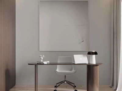 Minimalist Study Room Interior Design With Wooden Desk White Chair Laptop Lamp And Wall Painting 3d model