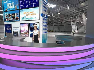 Modern Curved Reception Desk Interior With Digital Screens And Purple Blue Lighting 3d model