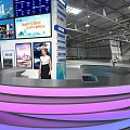 Modern Curved Reception Desk Interior With Digital Screens And Purple Blue Lighting