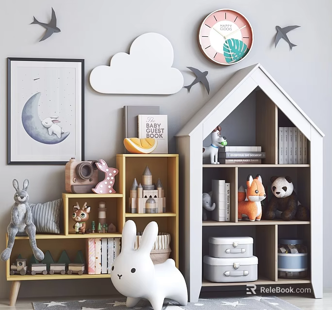 Stuffed Toys In Kids Room With Rabbit Fox Panda Toy Castle And Bookshelf Decor 3d model 