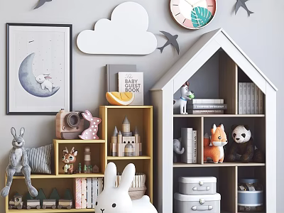 Stuffed Toys In Kids Room With Rabbit Fox Panda Toy Castle And Bookshelf Decor 3d model