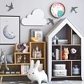Stuffed Toys In Kids Room With Rabbit Fox Panda Toy Castle And Bookshelf Decor