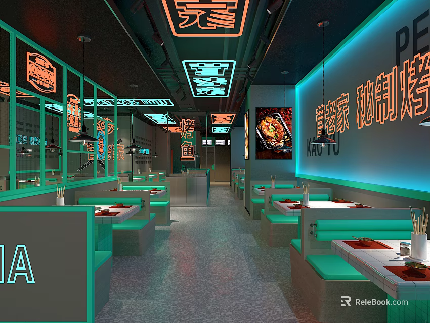 Modern Restaurant Interior With Neon Lights Open Kitchen And Booth Seating 3d model 