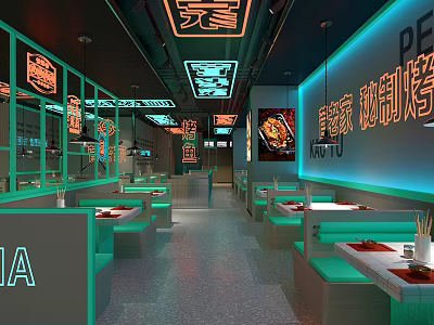 Modern Restaurant Interior With Neon Lights Open Kitchen And Booth Seating 3d model