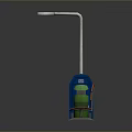 Orange Leisure Bench with Green and Blue Trash Bins Street Lamp and Railing Outdoor