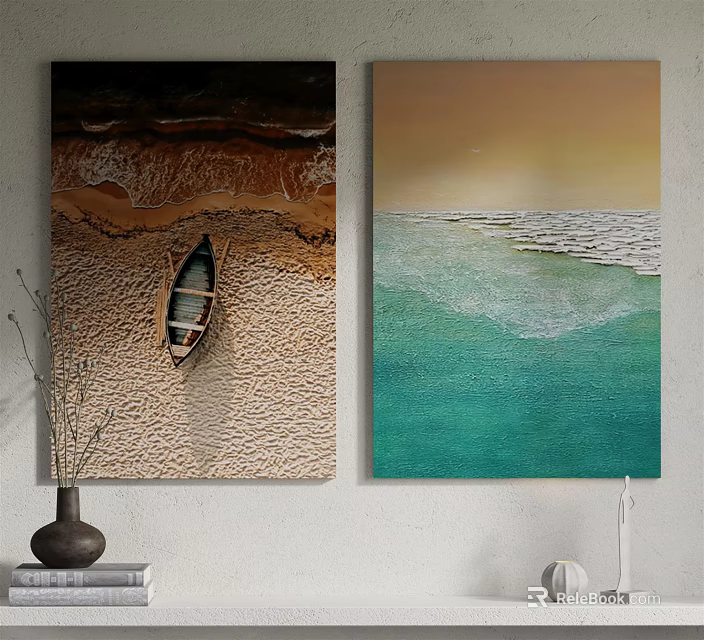 Two Beach And Sea Paintings Featuring Boat On Sand And Turquoise Water 3d model 