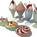 Colorful Ice Cream Cones and Dessert Plates with Strawberries Banana Slices Whipped Cream Toppings