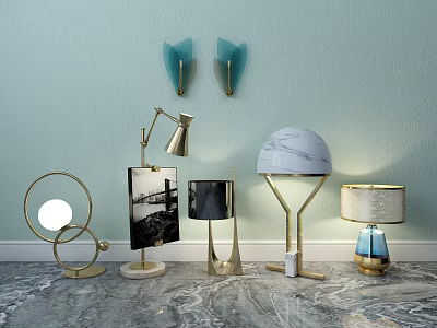 Modern Lighting Combination With Metal Stands Marble Elements Wall Sconces And Table Lamps 3d model