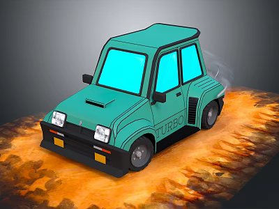 Small Green Turbo Car Moving Fast With Smoke On Orange Ground 3d model