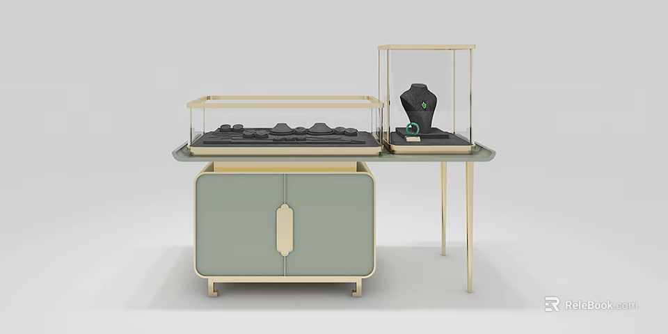 Elegant Modern Jewelry Display With Glass Cases Green Cabinet And Gold Frames 3d model 