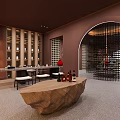 Luxurious Interior With Black Lattice Screens Red Teardrop Fountain Circular Ceiling Lamp And Wine Racks