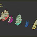 Detailed Sailboat Models Of Various Sizes With White Sails Brown Hulls On Dark Background Reflections