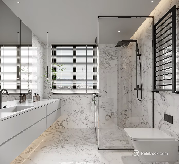 Modern Bathroom Interior Design With Marble Walls Glass Shower Double Vanity And Window Blinds 3d model 