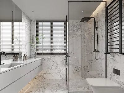 Modern Bathroom Interior Design With Marble Walls Glass Shower Double Vanity And Window Blinds 3d model