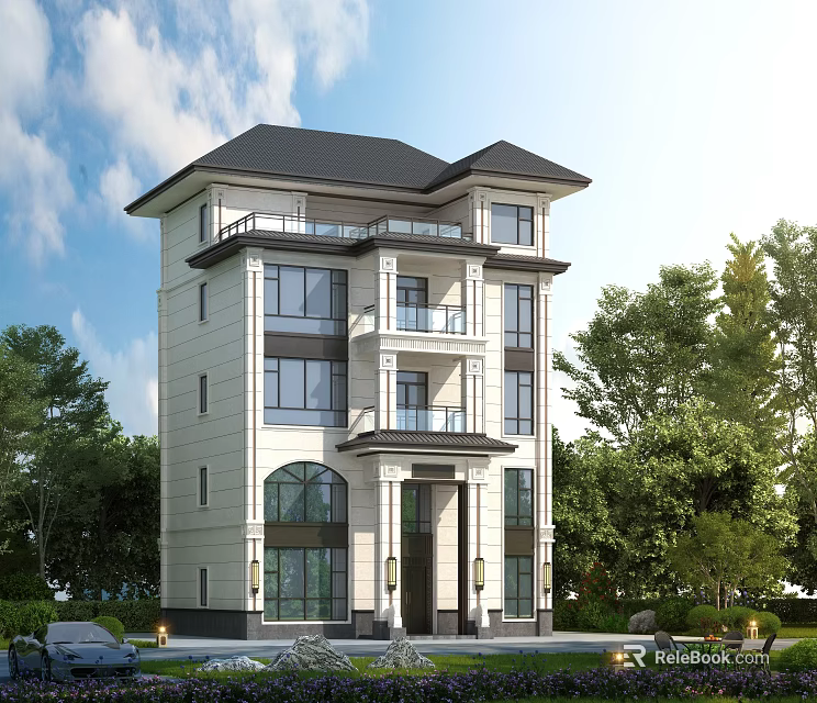 Elegant Detached Villa With Stone Exterior Balconies Black Roof And Trees Surroundings Design 3d model 