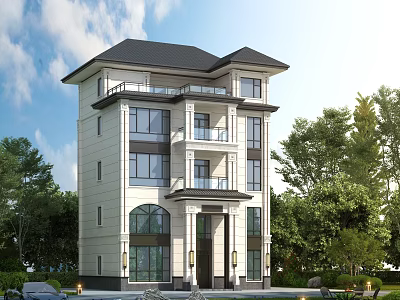 Elegant Detached Villa With Stone Exterior Balconies Black Roof And Trees Surroundings Design 3d model