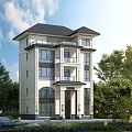 Elegant Detached Villa With Stone Exterior Balconies Black Roof And Trees Surroundings Design