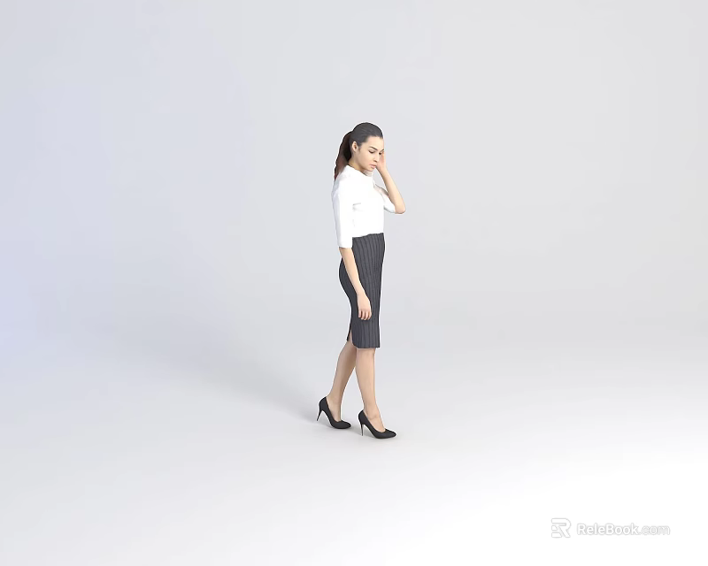 Female Model Posing Sideways In White Top Gray Skirt And High Heels Against Minimalist Background 3d model 