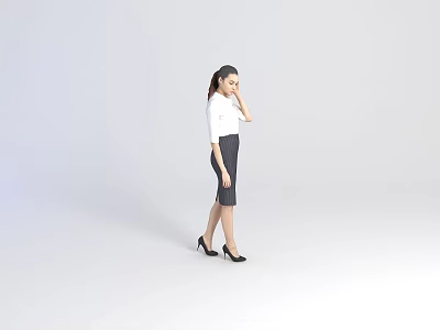 Female Model Posing Sideways In White Top Gray Skirt And High Heels Against Minimalist Background 3d model