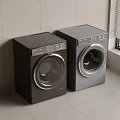 Two Modern Washing Machines Black And Gray In Laundry Room With Tiled Walls And Window