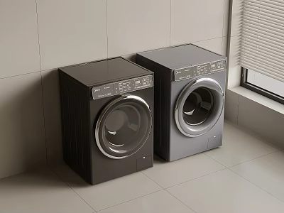 Two Modern Washing Machines Black And Gray In Laundry Room With Tiled Walls And Window 3d model