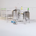 Industrial Equipment Setup With Stainless Steel Containers Pipes Ladders Green Valves And Blue Barrels