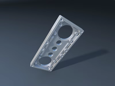Silver Rectangular Metal Part With Circular Holes And Screw Holes On Gray Background 3d model
