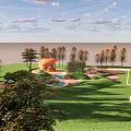 Scenic Park Landscape With Lush Green Lawns Colorful Trees Orange Pavilion And Winding Paths
