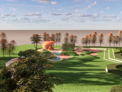 Scenic Park Landscape With Lush Green Lawns Colorful Trees Orange Pavilion And Winding Paths 3d model