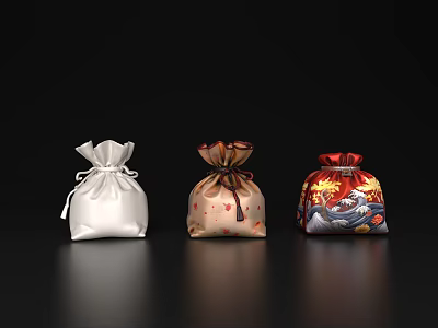 Three Different Design Drawstring Bags With White Beige Red Colors And Decorative Patterns 3d model