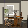 Modern Round Wooden Dining Table Set With Chairs Vase Branches Fruits Plant And Wall Art