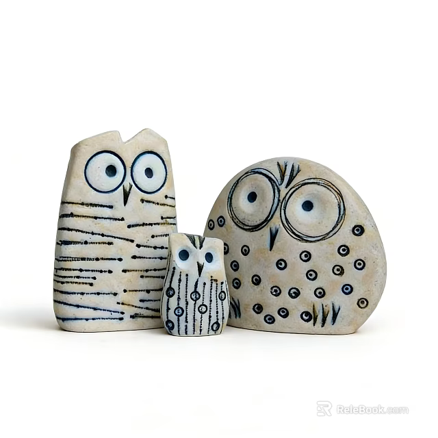 Decorative Owl Ornament Set Hand-painted Stone Figurines Three Sizes with Stripes and Dots Design 3d model 