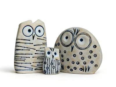Decorative Owl Ornament Set Hand-painted Stone Figurines Three Sizes with Stripes and Dots Design 3d model