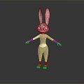 3D Rabbit Model With Long Ears Purple Eyes White Body Blue Cuffs On Gray Background