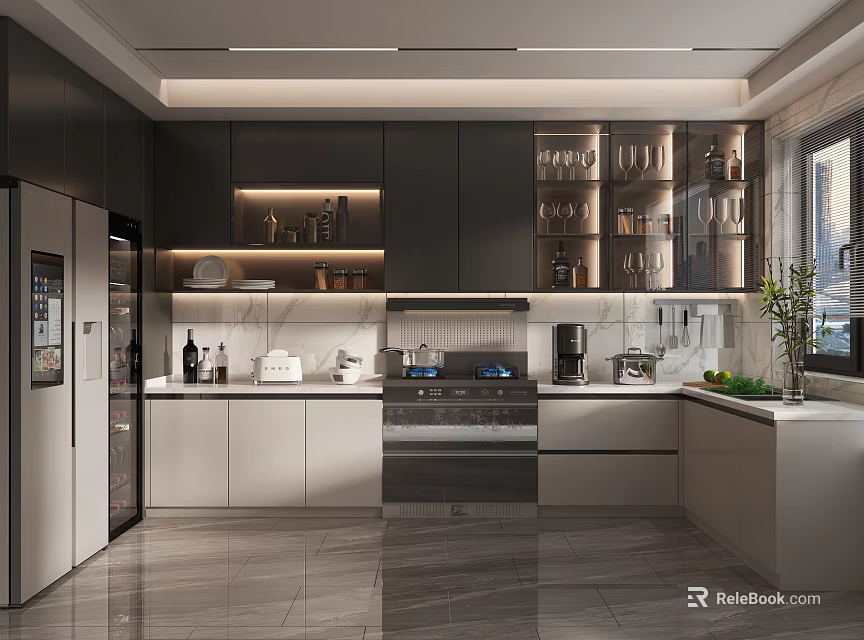Modern Kitchen Interior With Dark Cabinets Glass Door Cabinets Countertop Appliances And Natural Light 3d model 