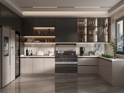Modern Kitchen Interior With Dark Cabinets Glass Door Cabinets Countertop Appliances And Natural Light 3d model