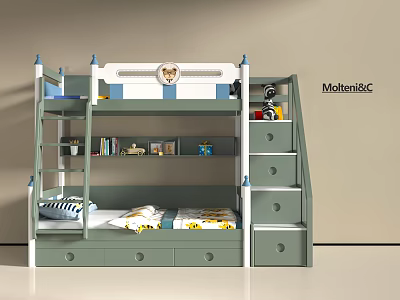 Kids Bunk Bed with Green and White Frame Blue Posts Storage Drawers and Toys 3d model