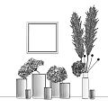 Ceramic Vases With Dried Hydrangea And Reed Flowers In Minimalist Interior With Wall Art