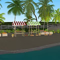 Waterfront Landscape With Palm Trees Striped Awnings Sandy Beach Sun Loungers And Water Reflections